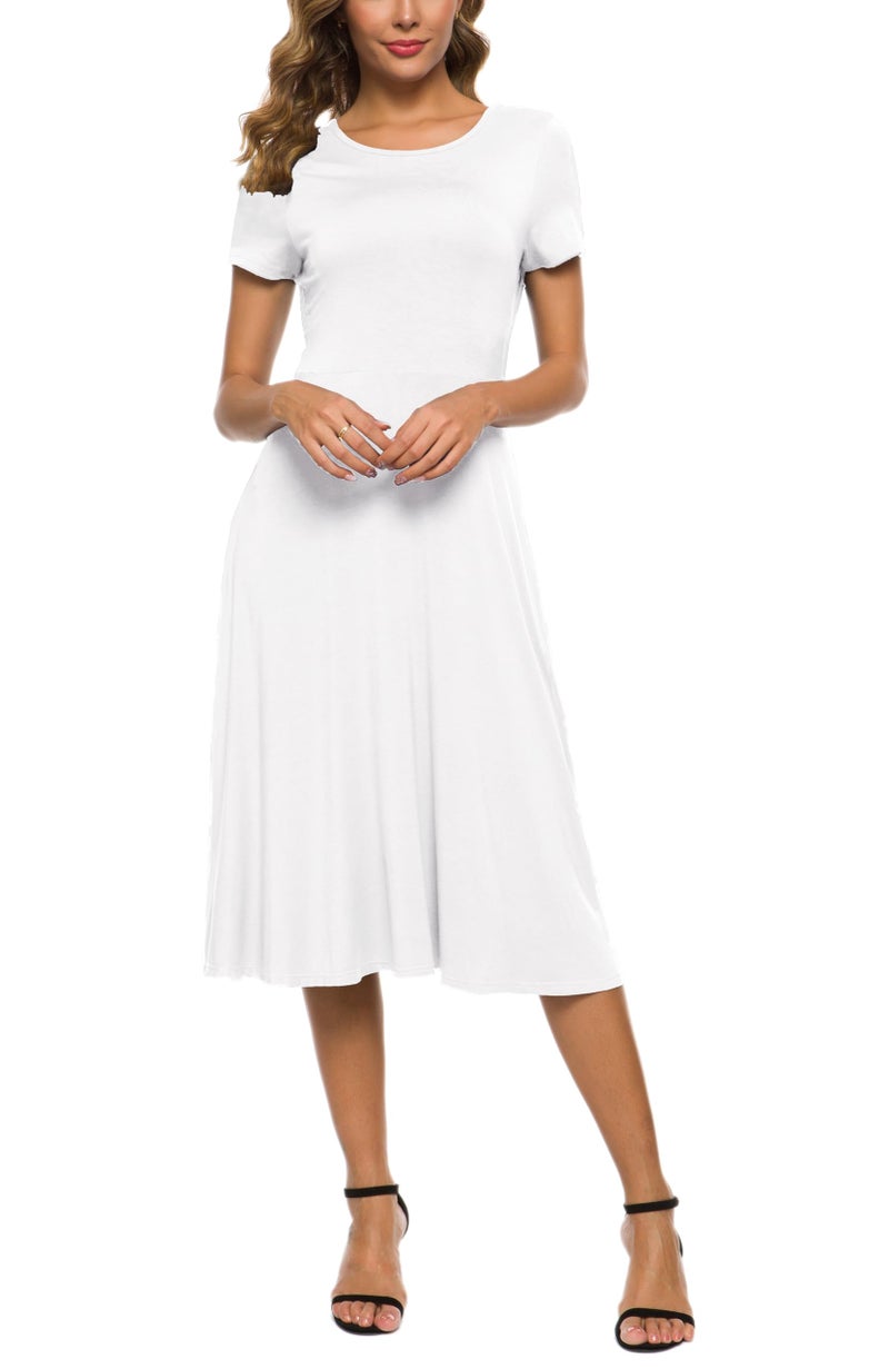 EXCHIC Women's Short Sleeve Round Neck Waisted Slim Summer Midi Dress (M, White) - Image 3